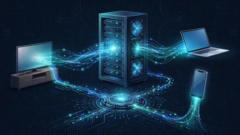 Diagram-style illustration explaining what is IPTV middleware — a server hub delivering streams through a middleware layer to TV, phone, and tablet