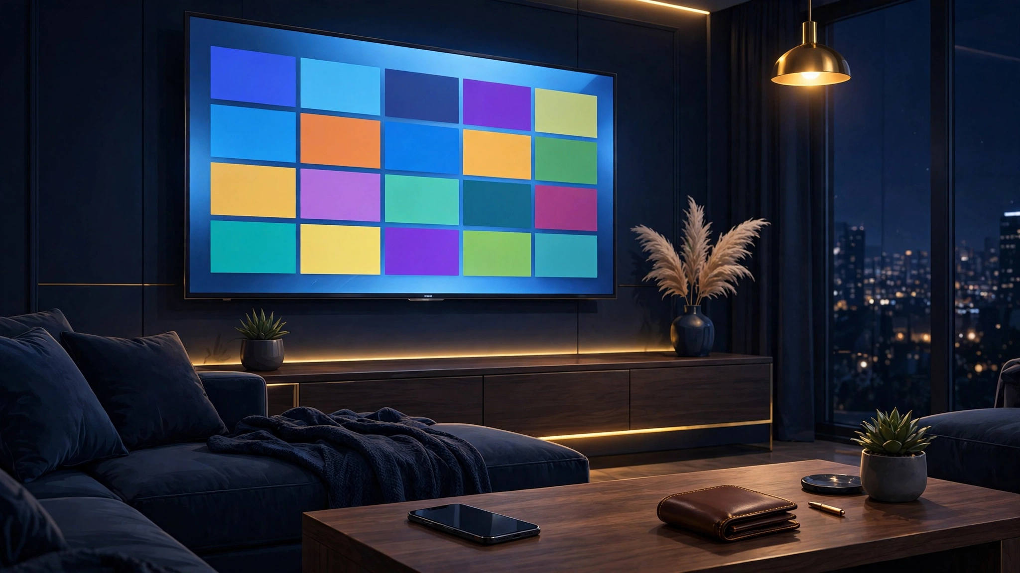 How much does IPTV cost in 2026 — a dark-navy living room illustration with a glowing TV showing a live channel guide, a smartphone and wallet on the coffee table