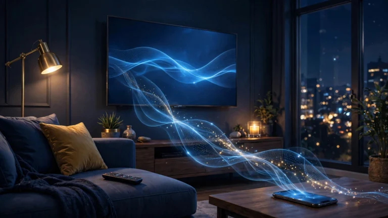 How to install IPTV on Smart TV — a Samsung-style smart TV in a dark living room with an IPTV player app open on screen.