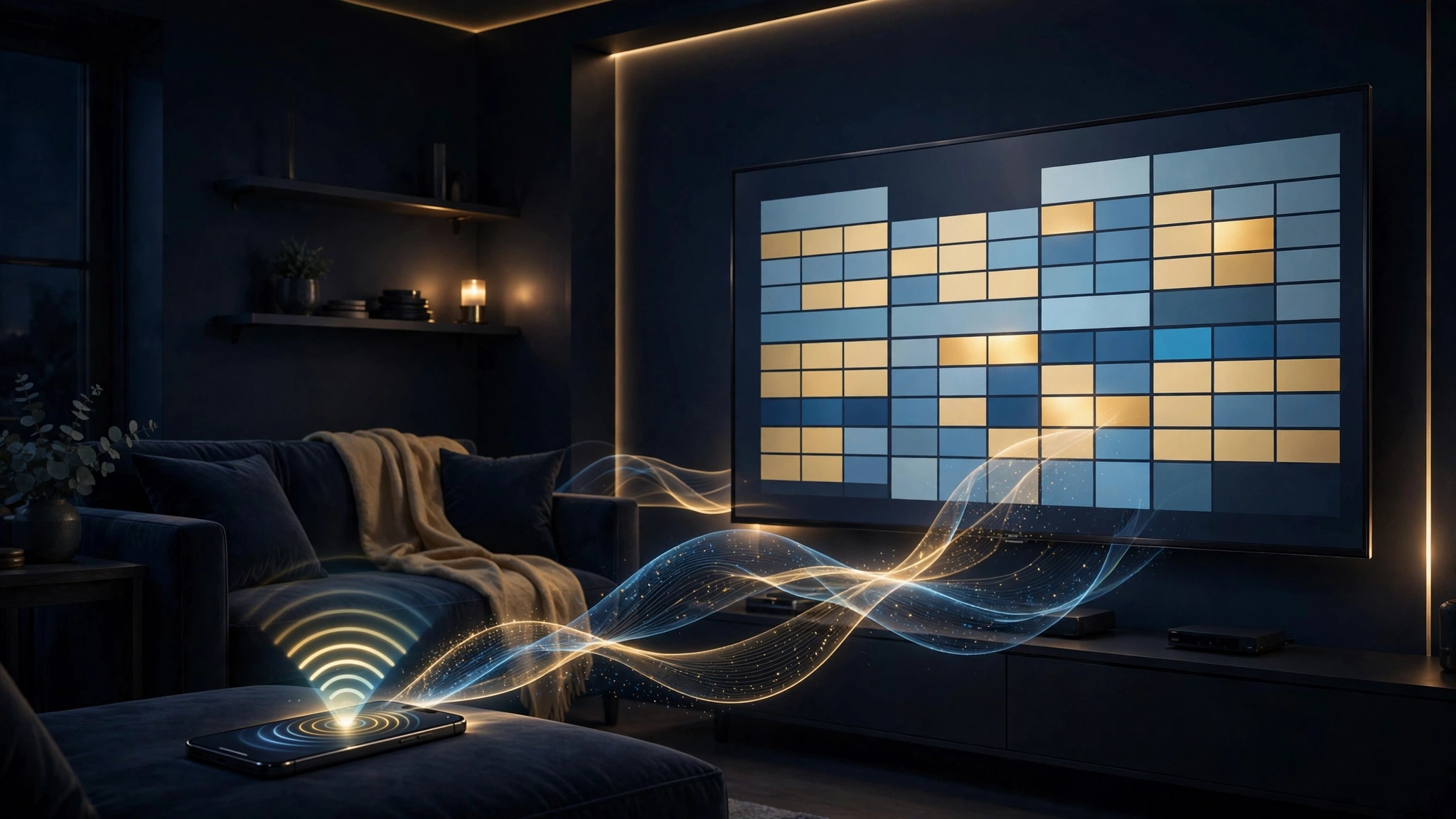 How to watch IPTV on Kodi — a TV in a dark home theater showing a Kodi-style live TV guide interface