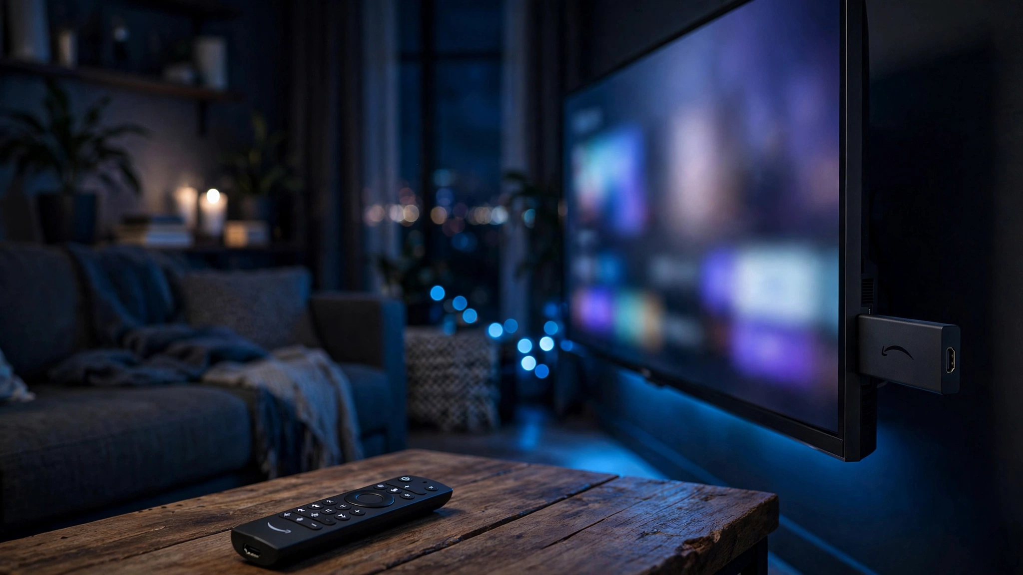 How to set up IPTV on Firestick: Amazon Fire TV Stick and remote in front of a TV during an IPTV player setup, dark navy illustration
