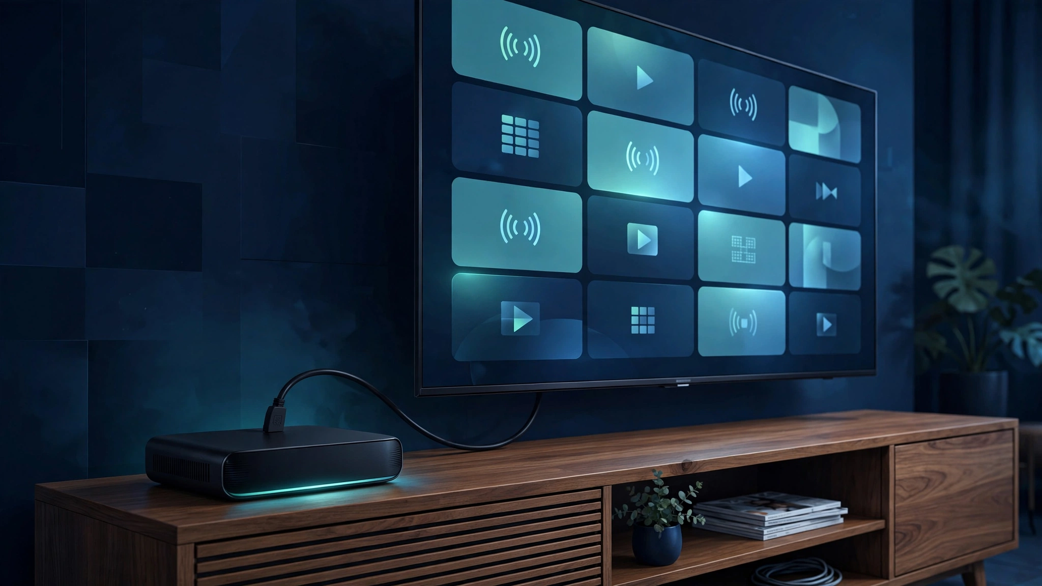 What is an IPTV box: modern set-top streaming box connected to a television showing live TV