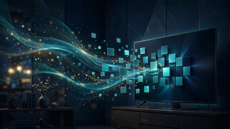 Abstract illustration showing what is Smart IPTV — a paid IPTV player app connecting your own playlist to a smart TV screen